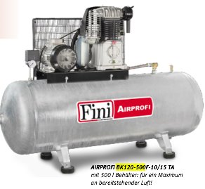 Kolbenkompressor Fini BK 120-500F-10/15 TA A.P. , auf 500l Druckbehälter, 2 Zylinder, 2-stufig, 15bar, liegend